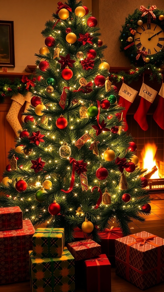 A festive Christmas tree with lights and ornaments, gifts underneath, and a cozy fireplace.